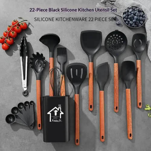 Premium Heat-Resistant Silicone Cooking Utensil Set with Ergonomic Wooden Handles