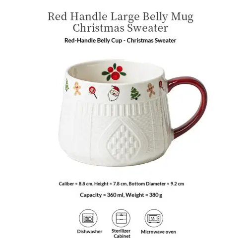 Festive Christmas Sweater Ceramic Coffee Mug with Red Handle, Wooden Lid & Spoon – Embossed Retro Holiday Mug (301-400ml)