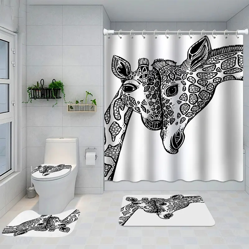 Premium 4-Piece Bathroom Set – Waterproof Fabric Shower Curtain with Matching Non-Slip Bath Mats