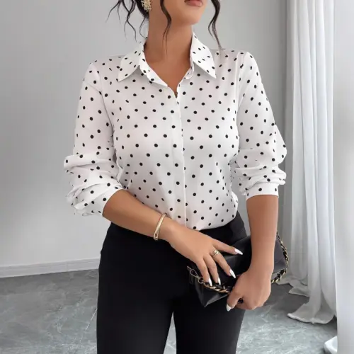 Women's Elegant Polka Dot Long-Sleeve Lapel Blouse - Chic Button-Down Work & Casual Shirt