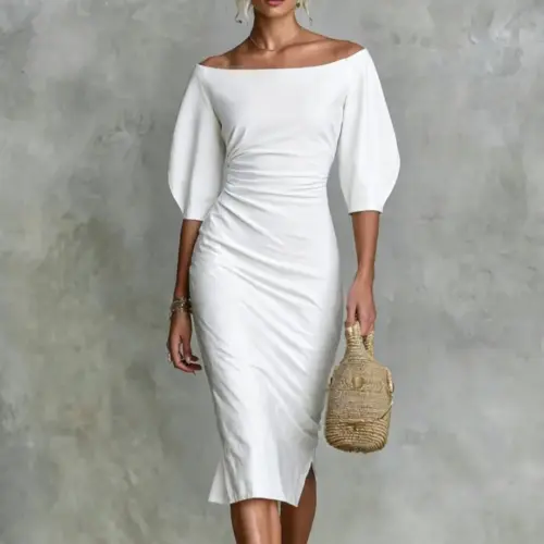 Women's Elegant Off-Shoulder Bodycon Midi Dress – Slim Fit High-Waist Pencil Dress
