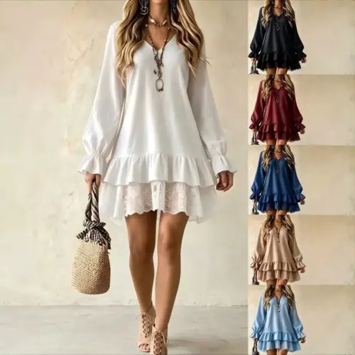 Elegant Women's V-Neck Lace Patchwork Mini Dress with Long Puff Sleeves