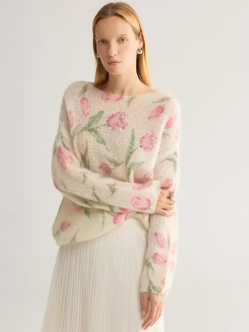 Women's Sequin Tulip Floral Mohair-Wool Blend Off-the-Shoulder Knit Sweater