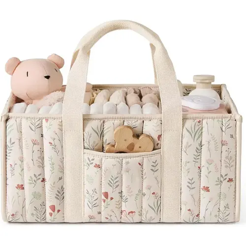 Large Capacity Handheld Mommy Bag – Quilted Cotton Diaper Caddy & Portable Nursery Storage Tote (Flower Beige)