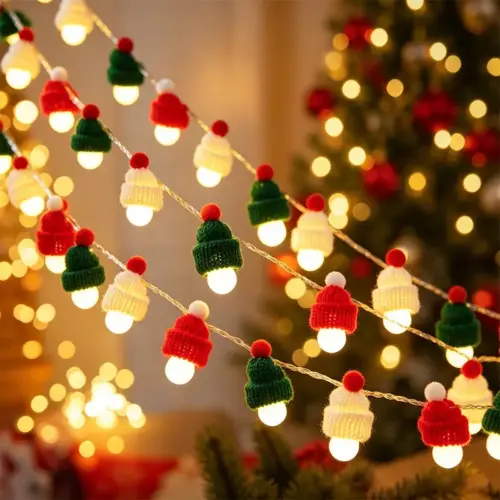 Festive Knitted Mini Hat LED String Lights – Charming Holiday Fairy Lights for Christmas Trees, Mantels & Party Decor