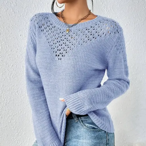 Women's Chic Crochet Mesh Hollow-Out Knit Sweater – Blue Long-Sleeve Wool Blend Pullover