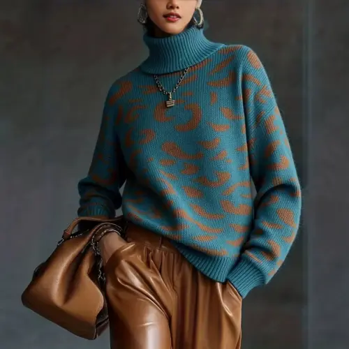 Women's Oversized Leopard Print Turtleneck Sweater – Cozy Fall Winter Knit Pullover Top