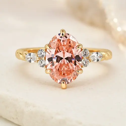 Vintage Sunset Glow Padparadscha Oval Ring – Pink-Orange High-Carbon Diamond Twisted Rope Engagement Ring for Women