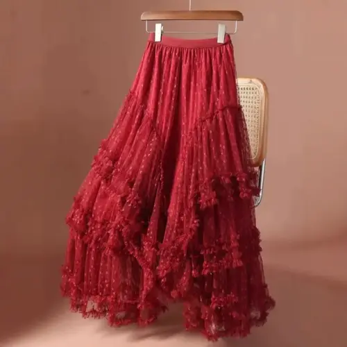 Romantic Jacquard Heart Mesh Maxi Skirt – Elegant High-Stretch Princess Tulle Skirt