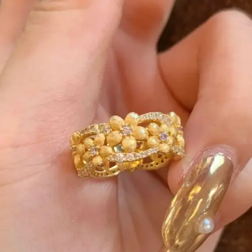 Vintage 18K Gold Plated Osmanthus Floral Ring - Adjustable Gemstone Statement Band
