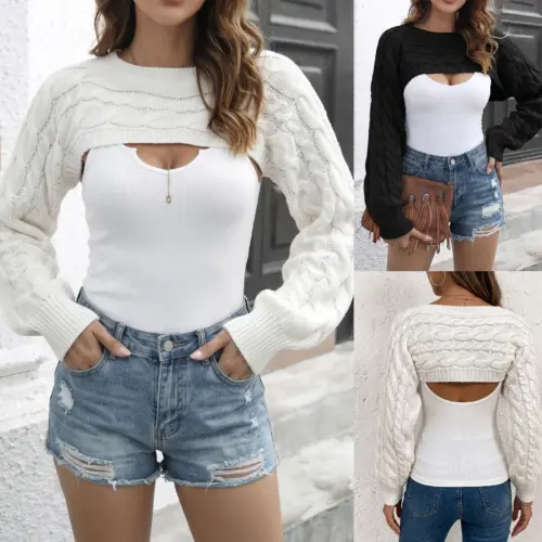 Women's Asymmetrical Cable Knit Layered Top - Long Sleeve Cropped Sweater Set