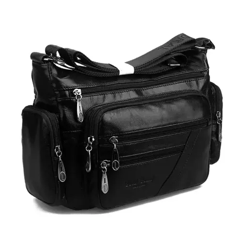 Women's Genuine Top-Grain Cowhide Leather Crossbody Bag – Soft Casual Shoulder Handbag (Black)